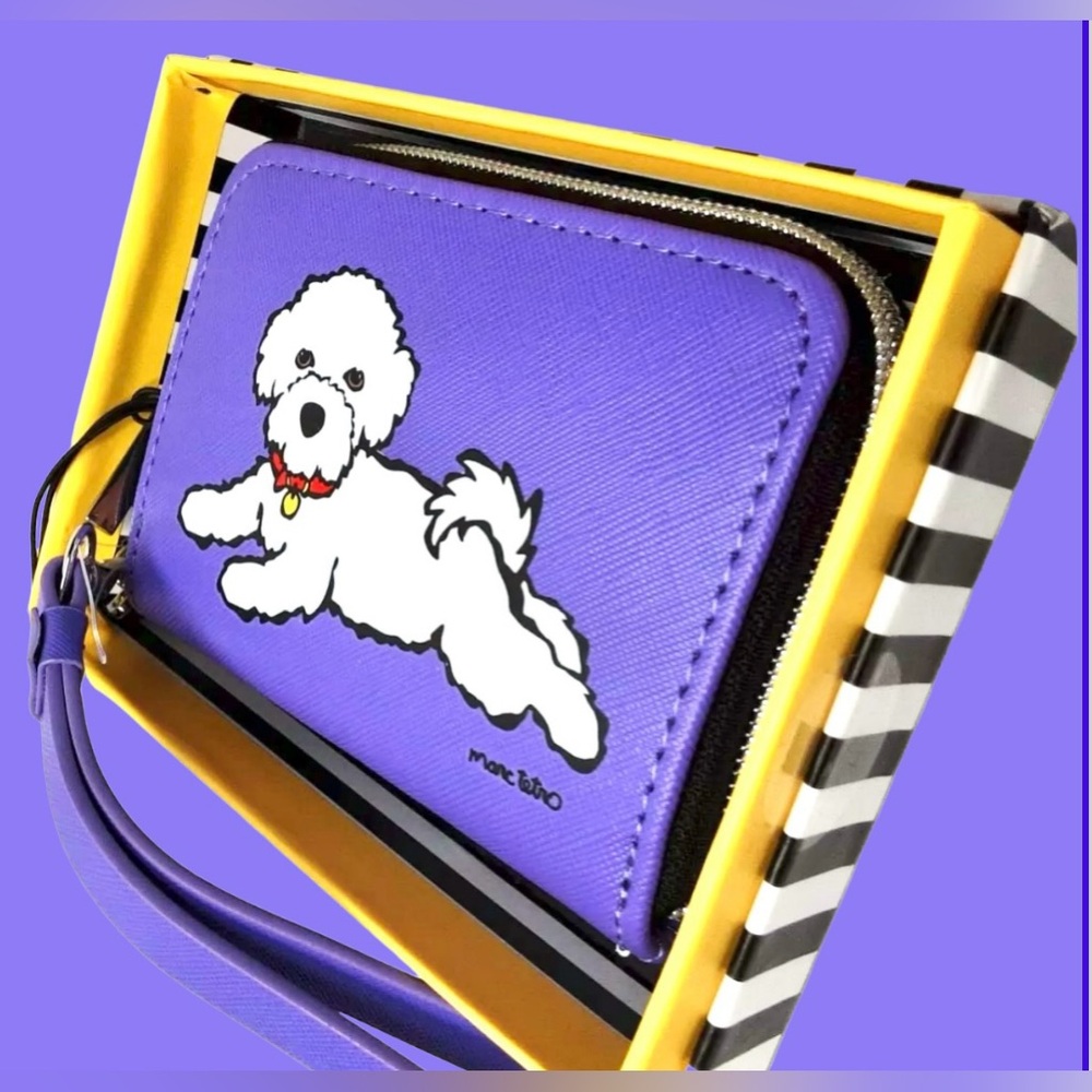 Marc Tetro Wristlet NWT & box Saffiano leather White Bichon Frise on Purple